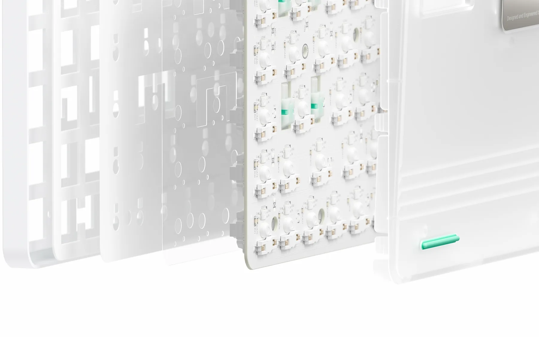 Layered structure: keycaps, plate, circuit board and case